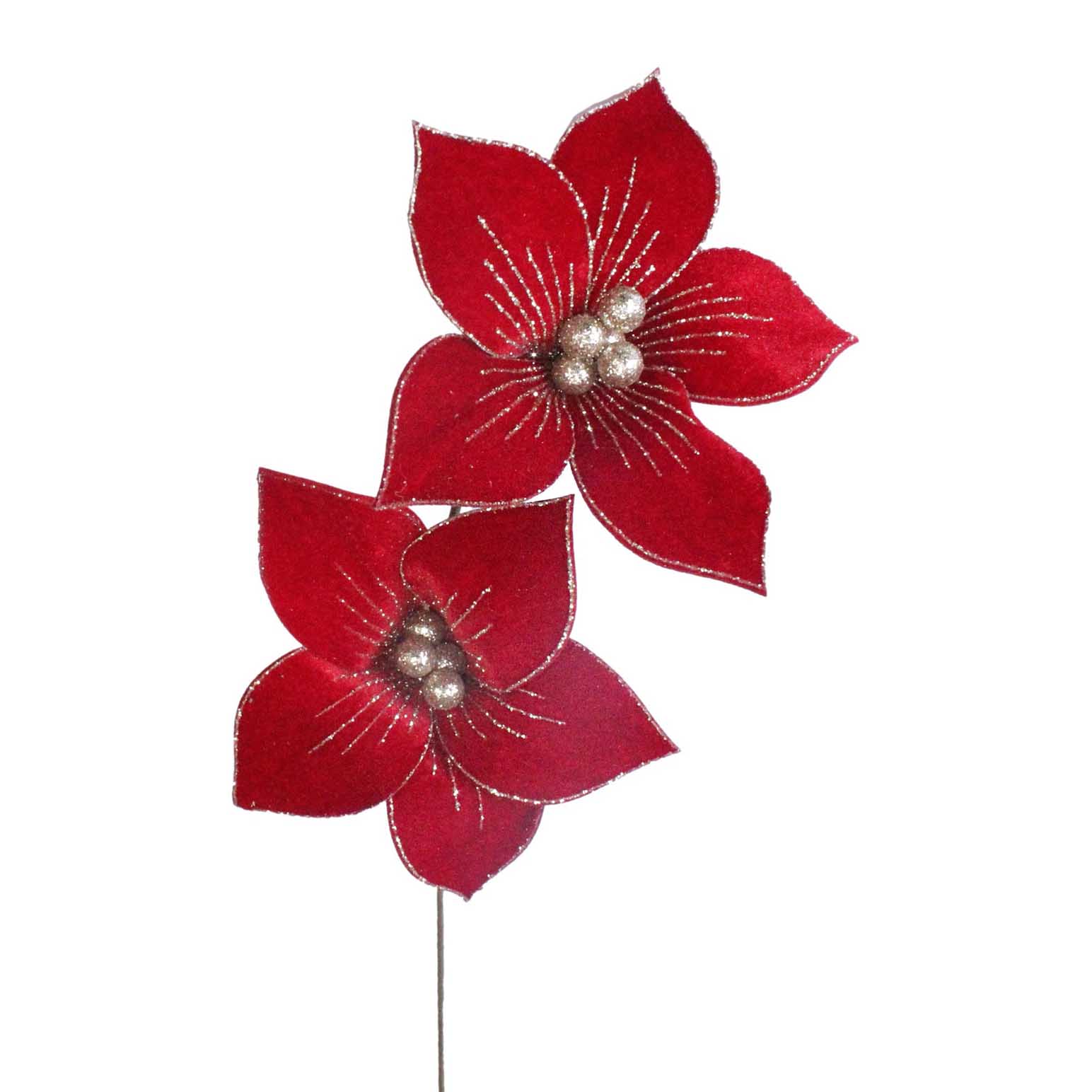 Spray With 2 Deep Red Flowers With Gold Trim